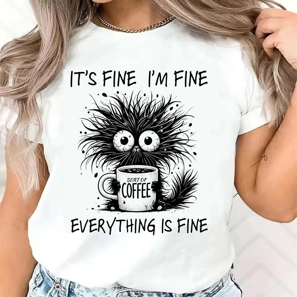 Black Cat T shirt 可爱喝咖啡的黑猫印花T恤女休闲大码亲子体恤