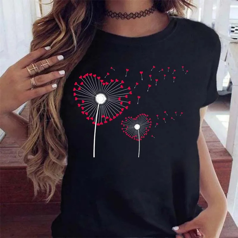 Dandelion T shirt 欧美时尚夏季蒲公英印花女士黑色打底T恤衫潮