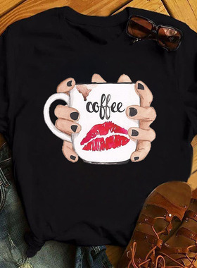 Coffee Cup T shirt 女士黑色T恤时尚咖啡杯印花圆领大版短袖ins