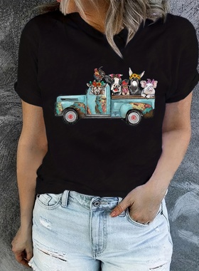 Pickup & Animals T shirt  素食主义动物印花女士黑色T恤短袖衫