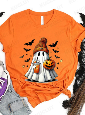 Happy Halloween T shirt 2024新款橙色万圣节T恤幽灵印花短袖衫