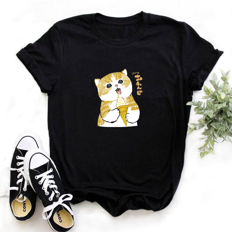 超火女士短袖洋气冰淇淋猫咪印花