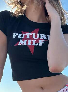 Future Milf T Shirt 欧美风性感露脐短装T恤女夏季海滩休闲体恤