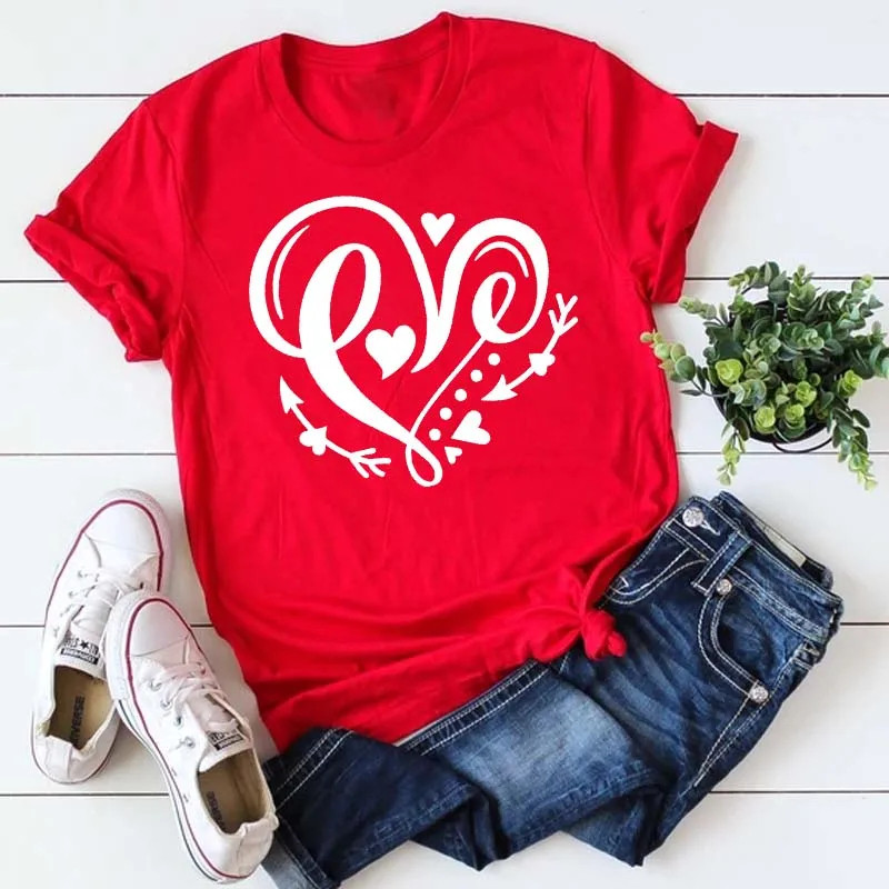 Heart T shirt 时尚爱心印花短袖T恤夏季女士圆领上衣亲子装衣服