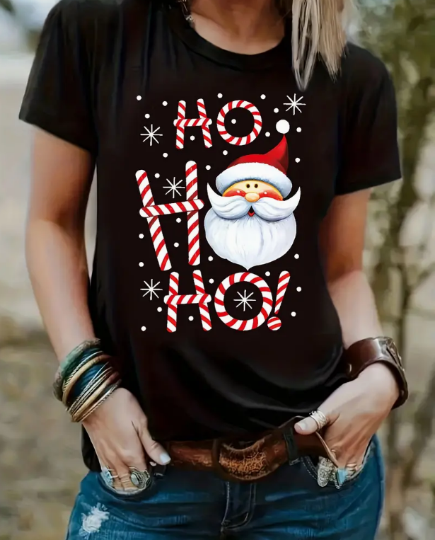 Christmas T shirt 2024圣诞节圣诞老人印花T恤黑色休闲亲子装