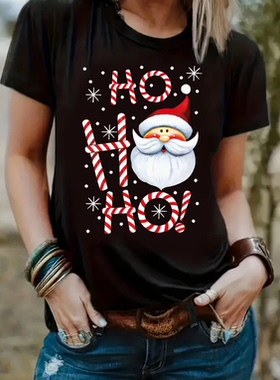 Christmas T shirt 2024圣诞节圣诞老人印花T恤黑色休闲亲子装