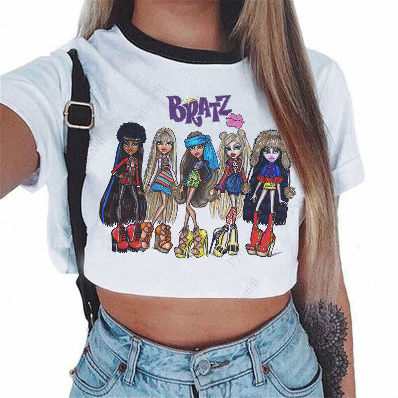 2021时尚卡通bratz美少女半袖印花露脐T恤女性感短款T恤衫ins