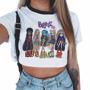 2021时尚卡通bratz美少女半袖印花露脐T恤女性感短款T恤衫ins