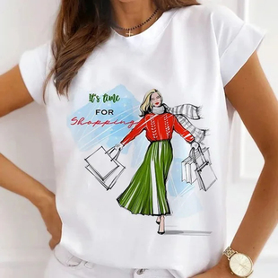 shirt 新款 T恤打底衫 Girl 短袖 购物女孩印花夏季 Shopping 时尚