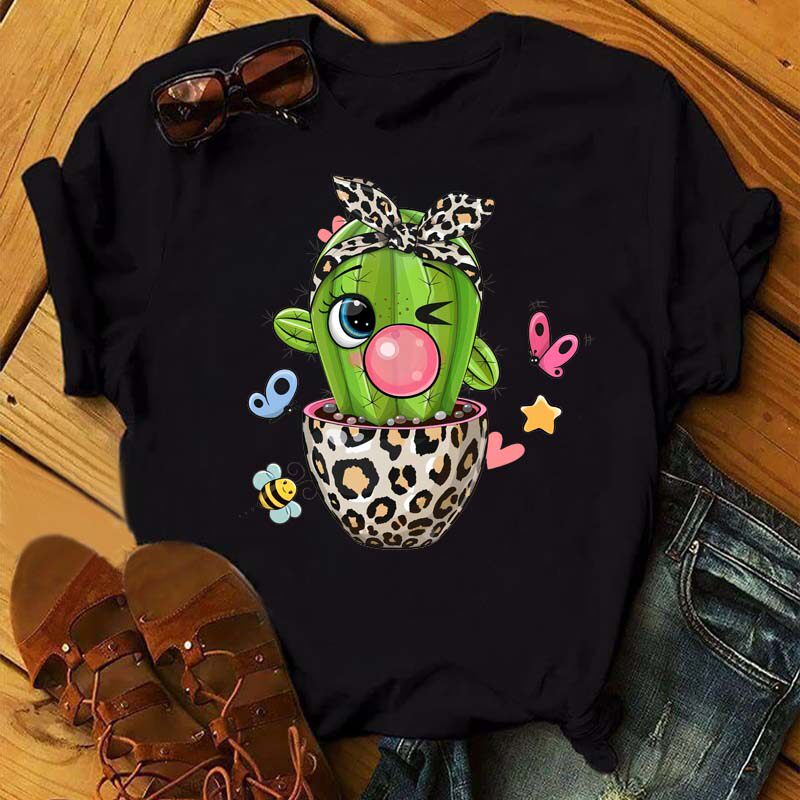 Leopard Cactus Tshirt 卡通可爱仙人掌印花女士夏季休闲大码上衣