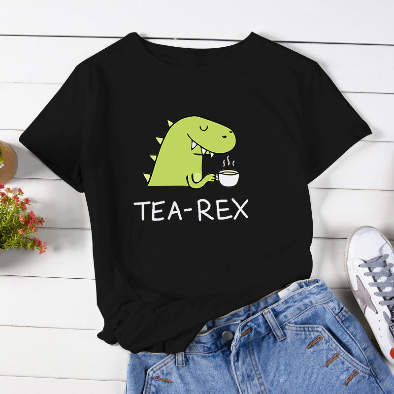 Tea Rex T shirt 个性卡通恐龙印花女士短袖T恤夏黑色大亲子装ins