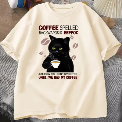 Coffee Cat T shirt 夏季女装个性卡通爱喝咖啡的猫印花短袖T恤