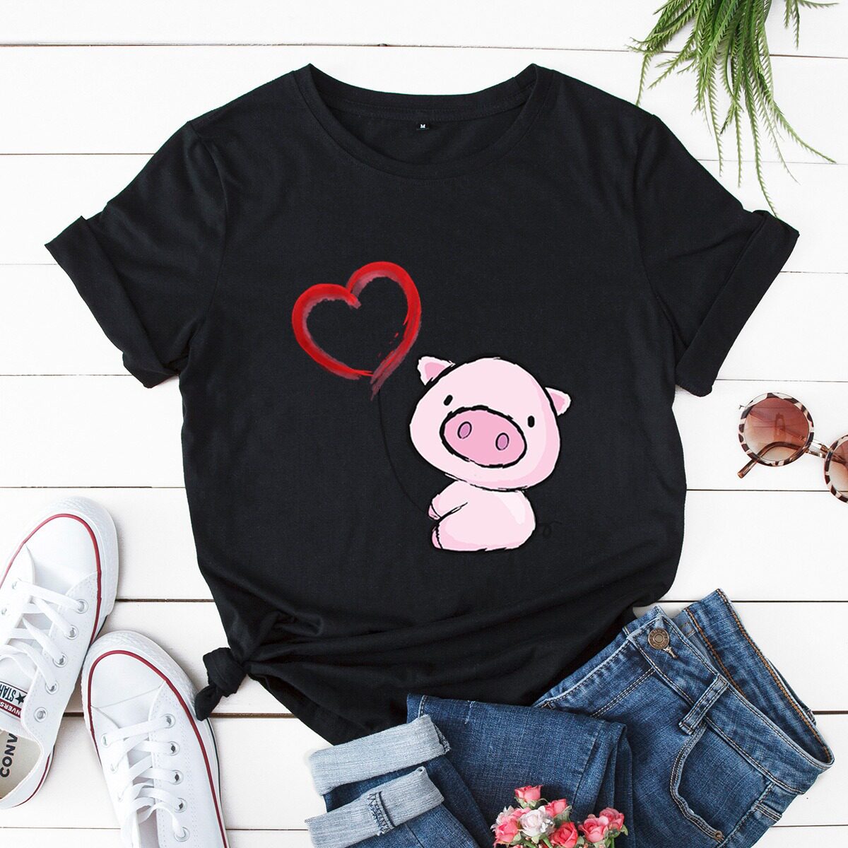 Heart Pig Tshirt 2023新款可爱粉色小猪T恤短袖女夏季百搭亲子装