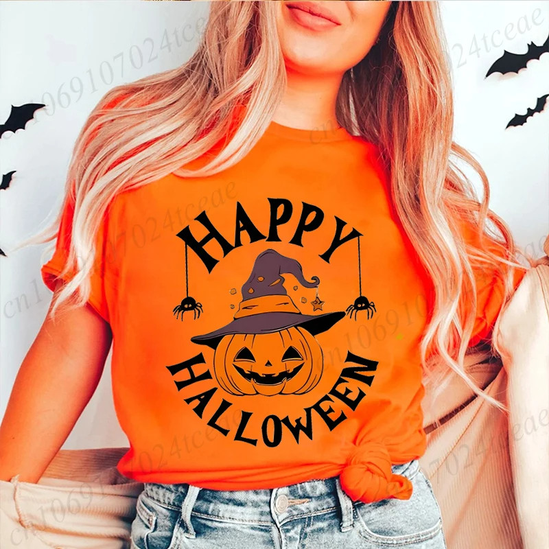 Happy Halloween T shirt 新款万圣节短袖T恤男女橙色圆领打底衫