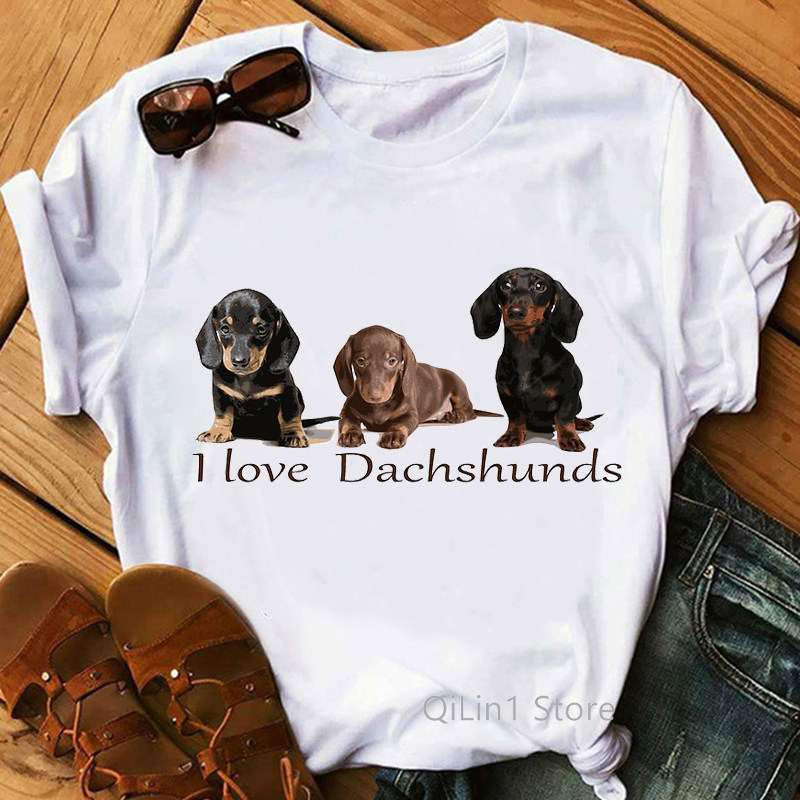 Dachshund T Shirt 新款卡通我爱腊肠犬印花女士白色百搭T恤上衣