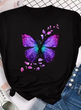 Butterfly T Shirt 潮流时尚蝴蝶印花女士夏季T恤休闲百搭圆领衫