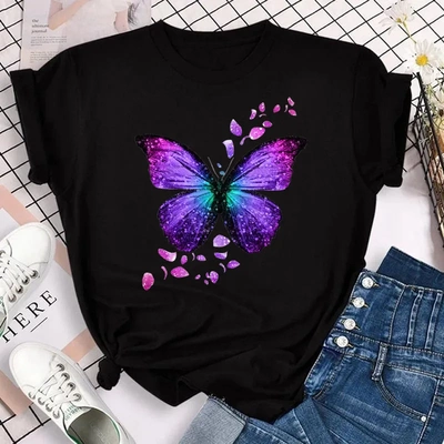Butterfly T Shirt 潮流时尚蝴蝶印花女士夏季T恤休闲百搭圆领衫