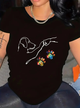 Dog Fist Bump T shirt 酷炫狗狗击拳印花女士休闲黑色短袖上衣