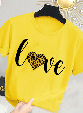 Love T shirt Kids 新款豹纹爱心印花儿童短袖T恤黄色粉色上衣
