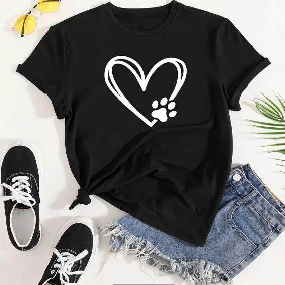 Love T shirt 新款个性狗狗胶印爱心印花女士黑色短袖T恤打底衫
