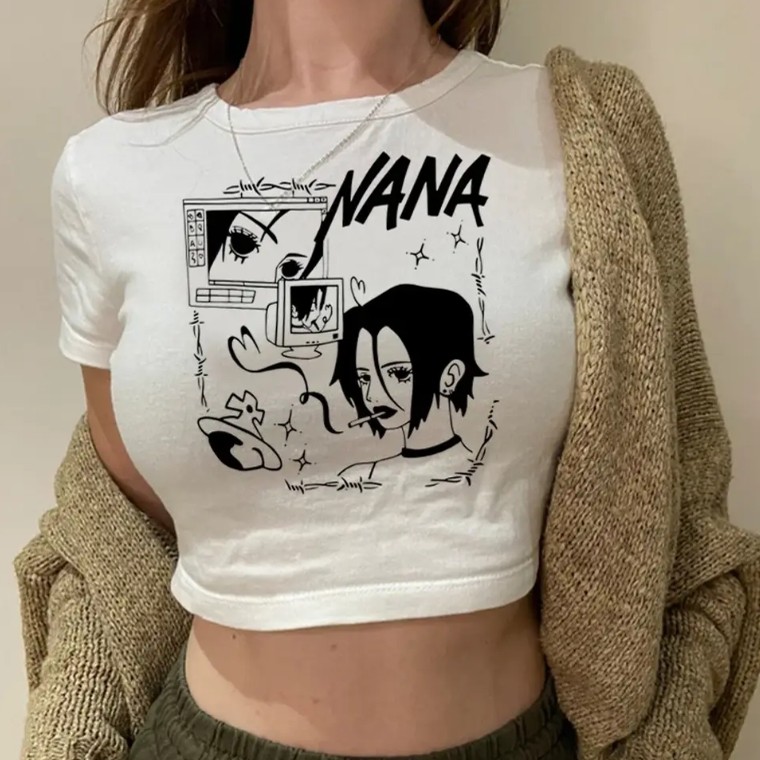 Nana T shirt 2025新款卡通娜娜印花露脐短袖T恤女性感上衣体恤