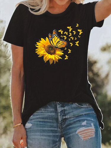 Sunflower Butterfly Print T shirt 时尚太阳花向日葵印花T恤女