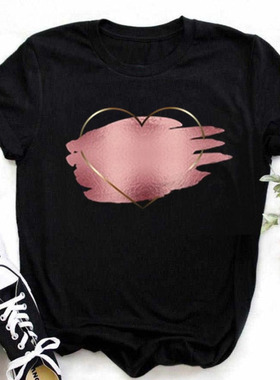 Pink Heart T shirt 潮款爱心黑色短袖T恤女夏季大码圆领上衣潮