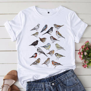 Birds T shirt 夏季T恤女个性鸟类印花休闲白色打底体恤女士半袖