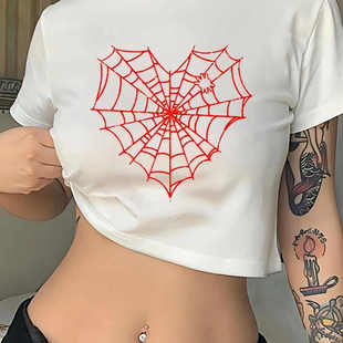 Short T shirt 个性蜘蛛网印花露脐T恤女性感短款上衣体恤打底衫