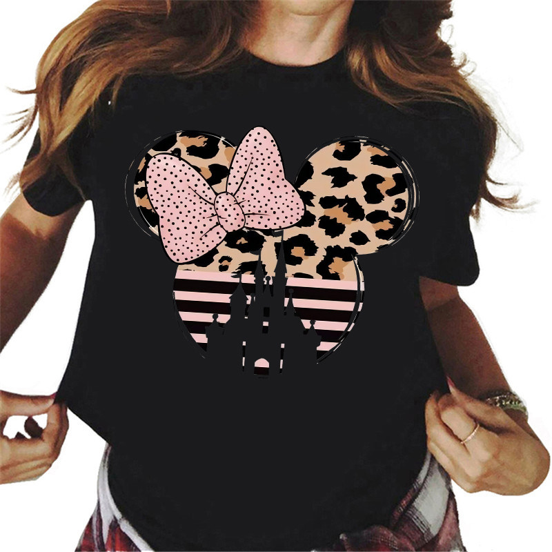 Leopard Mouse T shirt 时尚粉色豹纹米妮T恤女夏季黑色短袖上衣