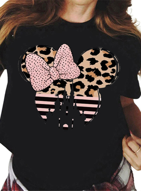 Leopard Mouse T shirt 时尚粉色豹纹米妮T恤女夏季黑色短袖上衣