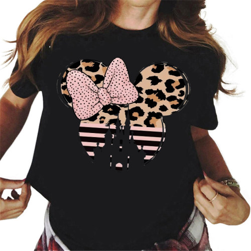 Leopard Mouse T shirt 时尚粉色豹纹米妮T恤女夏季黑色短袖上衣