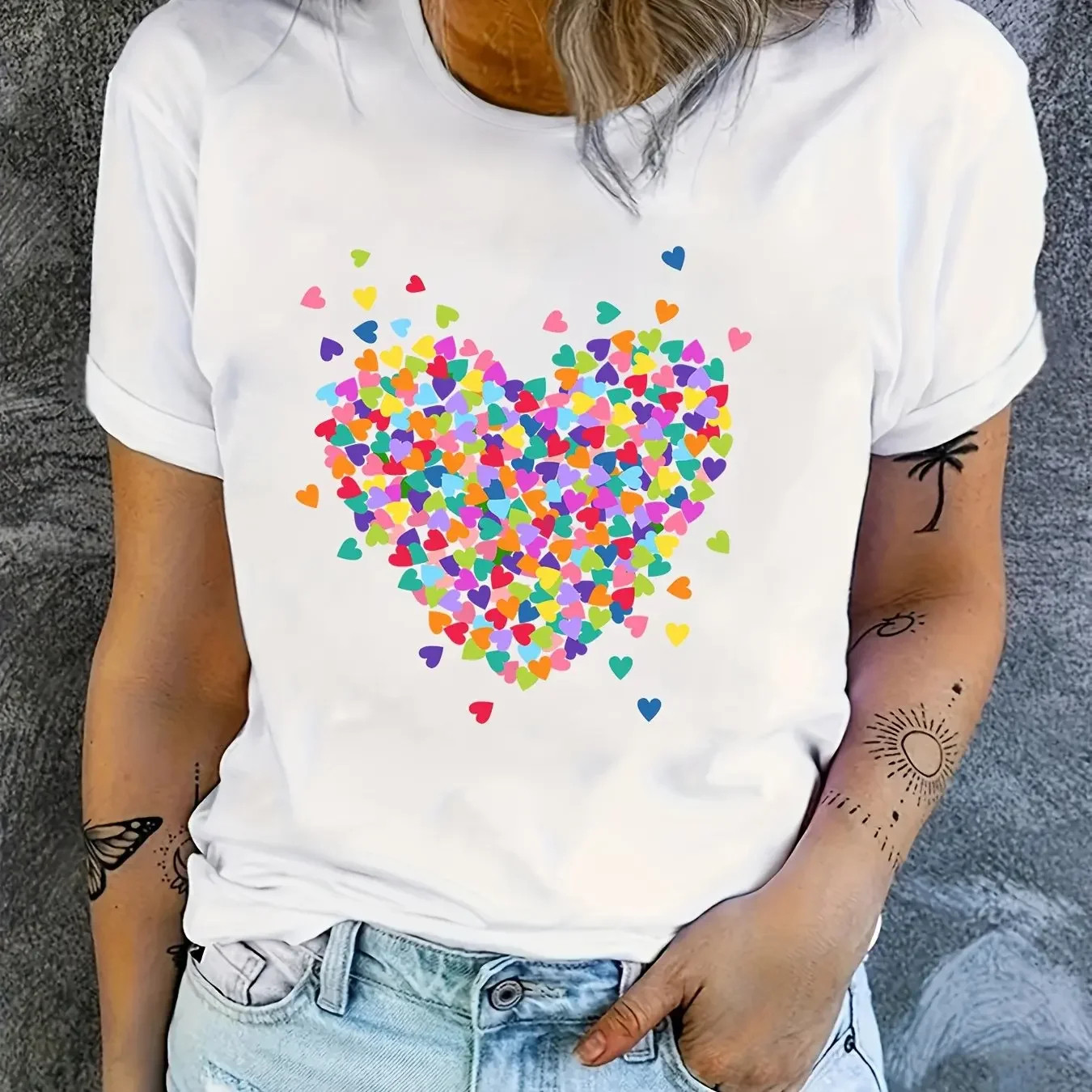 Heart T Shirt 时尚爱心印花T恤圆领短袖女士宽松上衣百搭体恤衫