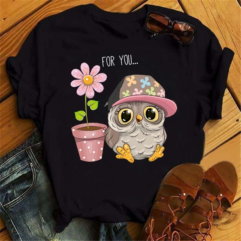 cute owl black t shirt 卡通猫头鹰印花女士圆领t恤衫百搭夏季
