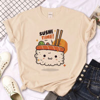 Sushi T-shirt: A personalized cartoon sushi print short-sleeved T-shirt for women, a khaki round-neck top T-shirt thumbnail 4