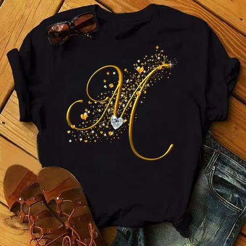 26 Golden Letter T shirt 欧美时尚金色英文字母印花女士T恤上衣