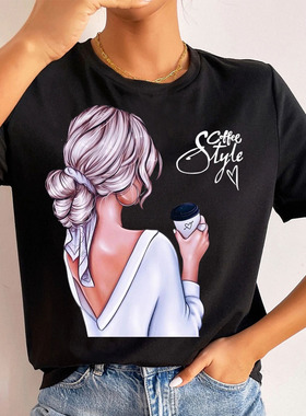Coffee Girl T shirt 欧美风时尚咖啡女孩印花短袖T恤休闲黑色t恤
