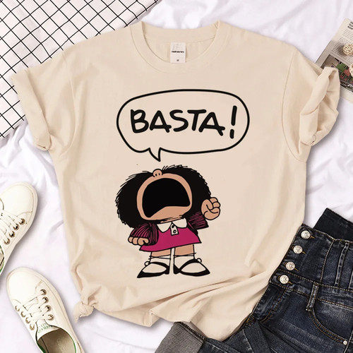 Mafalda T shirt 卡通小女孩印花短袖T恤女卡其色圆领夏季衣服潮