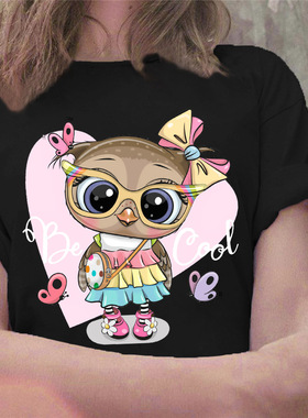 Cute Owl T shirt 可爱猫头鹰T恤女圆领短袖亲子体恤黑色半袖衫