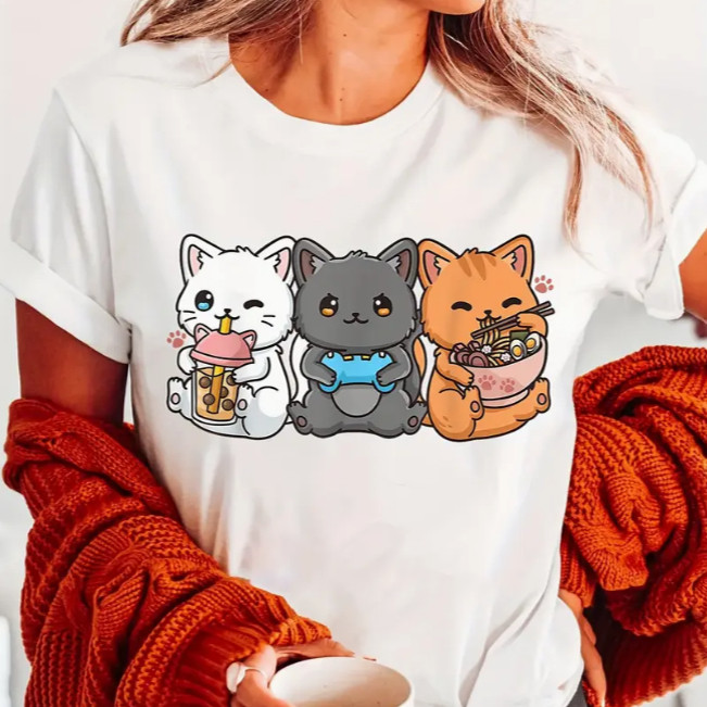 Cute Cat T shirt 卡通可爱猫咪印花女士T恤夏季小清新百搭圆领衫