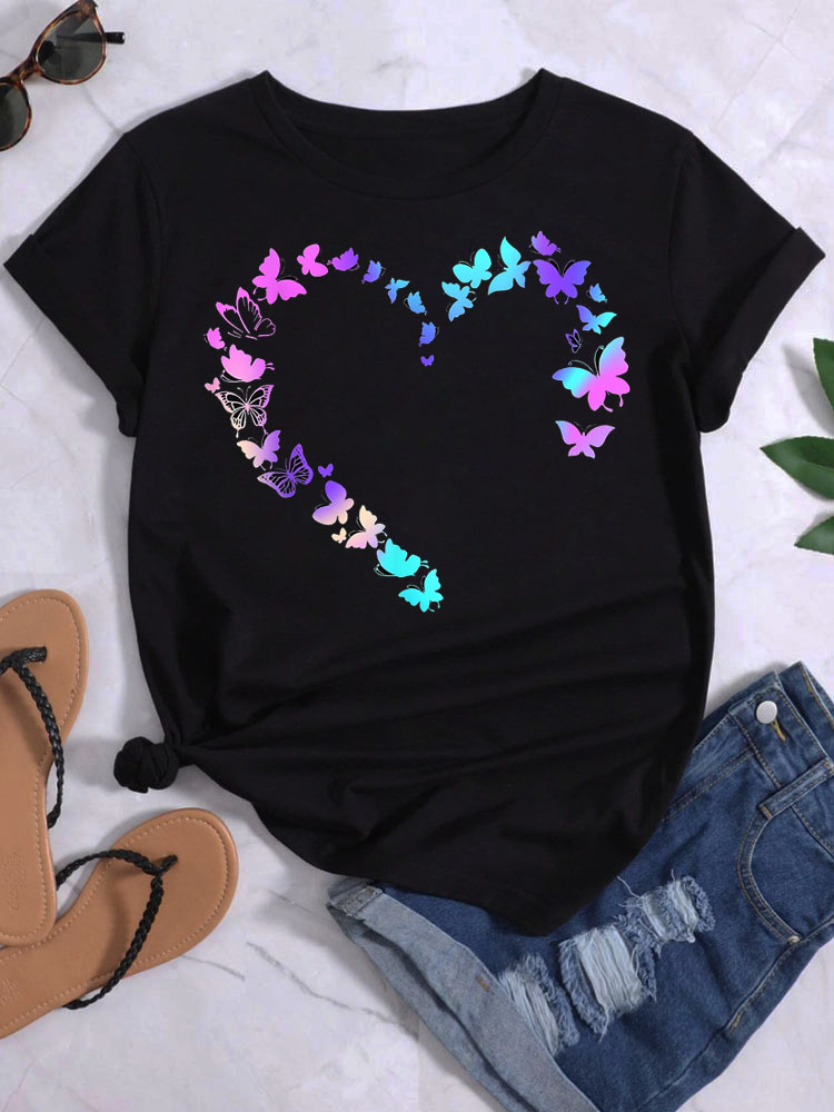 Butterfly Heart T shirt时尚蝴蝶爱心印花T恤女小众风黑色短袖