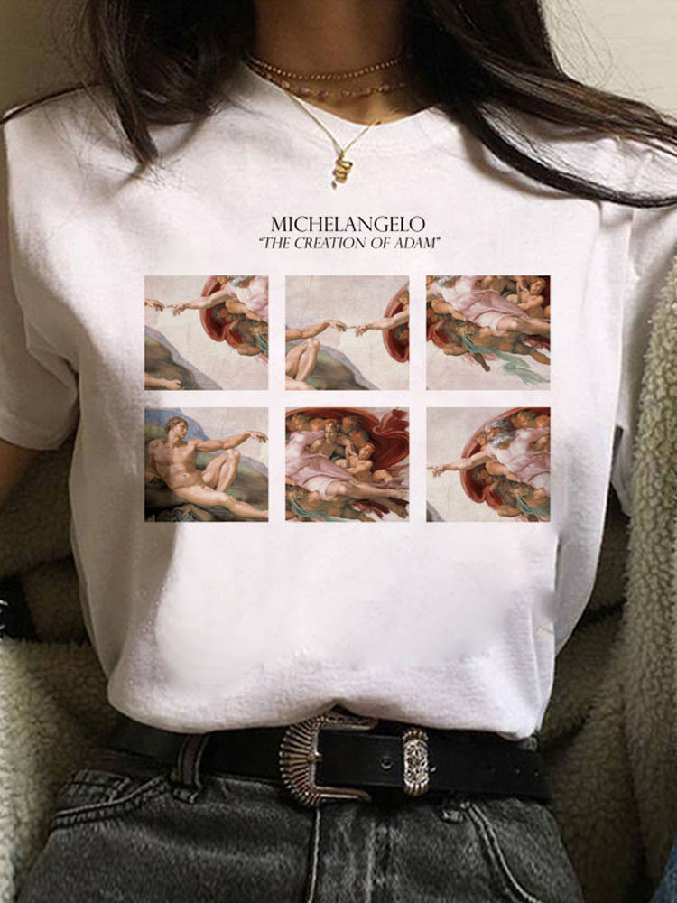 Michelangel T shirt 欧美趣味米开朗基罗油画T恤女小众风情侣装
