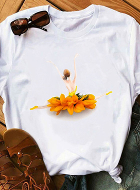 Ballet girl summer woman T-shirt 黄色花朵芭蕾女孩印花女士T恤