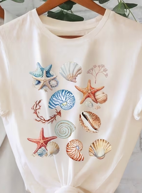 Starfish and Seashells T shirt 新款时尚海星贝壳印花打底上衣