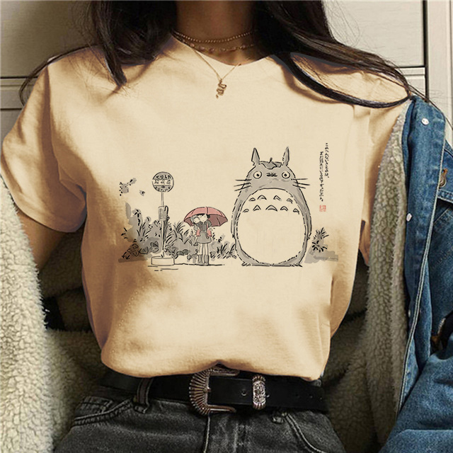 Totoro T shirt 卡通龙猫印花T恤女设计感卡其色圆领上衣百搭短袖 女装/女士精品 T恤 原图主图