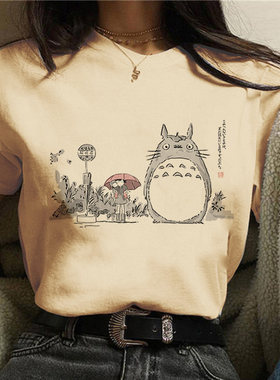 Totoro T shirt 卡通龙猫印花T恤女设计感卡其色圆领上衣百搭短袖