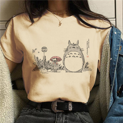 Totoro T shirt 卡通龙猫印花T恤女设计感卡其色圆领上衣百搭短袖