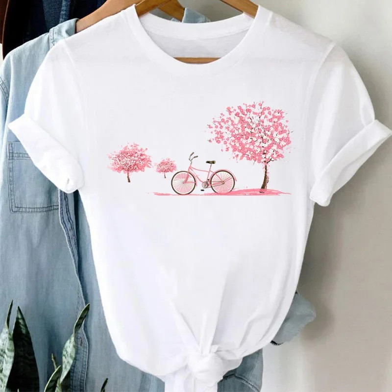 Bike T shirt 时尚女装小清新花朵爱心自行车印花女士白色打底T恤