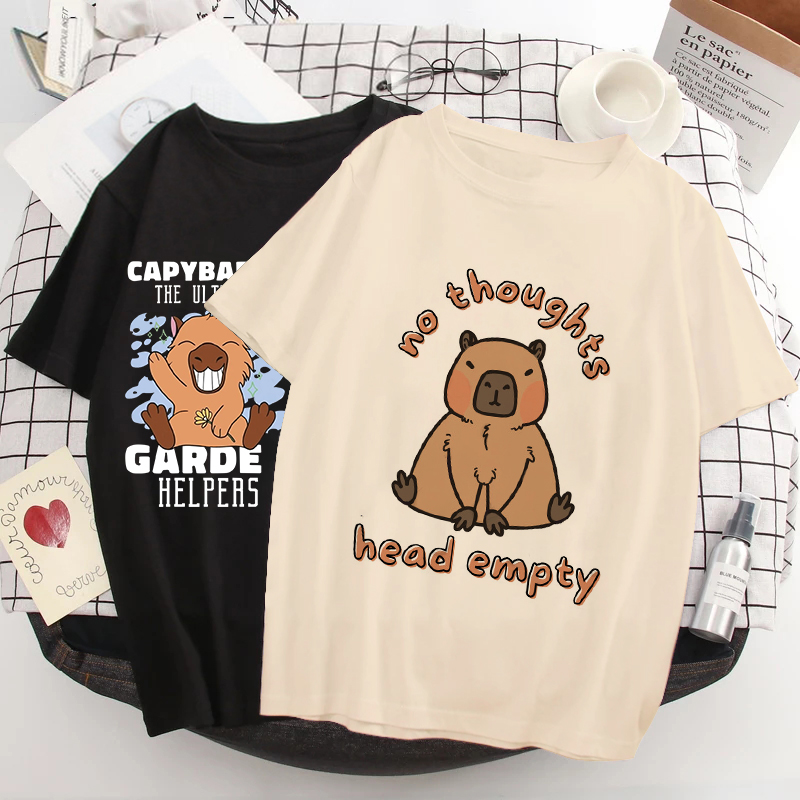 Capybara T Shir时尚卡其色女士T恤个性卡通水豚印花圆领短袖衫