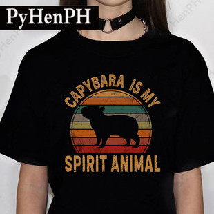 Capybara T shirt 女士宽松T恤夏个性水豚印花黑色短袖圆领上衣服